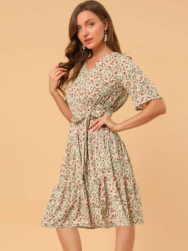 Vista 4 de Allegra K Vestido floral con dobladillo escalonado y volantes para mujer, cintura con lazo y cuello en V, manga acampanada, M
