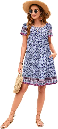 Vista 3 de Sherosa - Vestido de verano sin mangas o con manga corta, estampado floral, con bolsillos, casual, suelto, con vuelo, vestido estilo camiseta