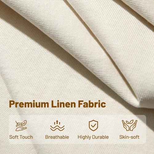 Vista 6 de Banco otomano tapizado de lino de 55 pulgadas con brazos enrollados para dormitorio, color beige