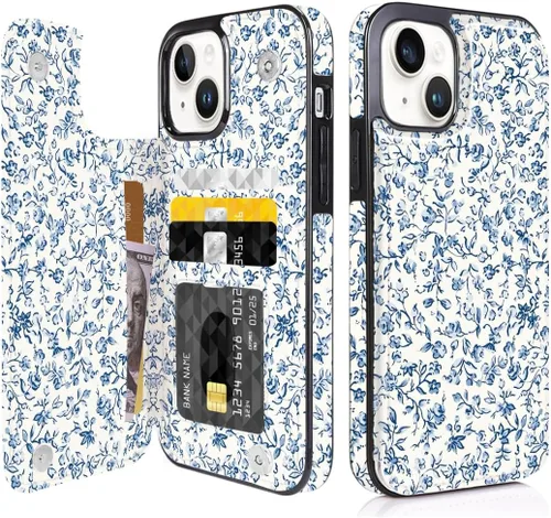 Vista 12 de Funda compatible con iPhone 14/15 con tarjetero y ranuras integradas de piel sintética con función atril y a prueba de golpes para iPhone 14/15