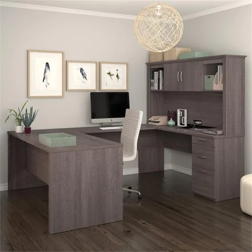 Vista 2 de Atlin Designs Escritorio moderno para computadora en forma de U de madera con gabinete, acabado gris corteza, superficie resistente a los arañazos