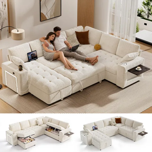Vista 10 de Vipbear Sofá cama modular de 111 pulgadas con cama extraíble, sofá en forma de L de felpilla de 7 asientos con diván de almacenamiento, puertos USB