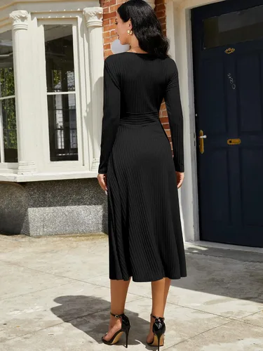 Vista 3 de ZAFUL Vestido largo casual de manga larga para mujer, de punto acanalado, cuello redondo, cintura alta, acampanado, color sólido, vestido midi