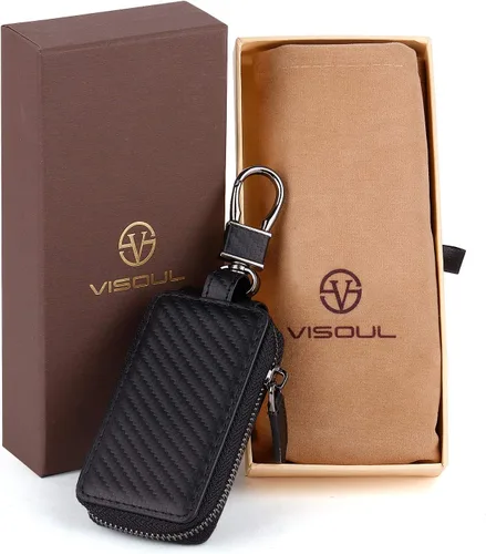 Vista 5 de VISOUL Funda de cuero para llavero de automóvil para hombres y mujeres, funda protectora de llavero inteligente con gancho de metal y llavero