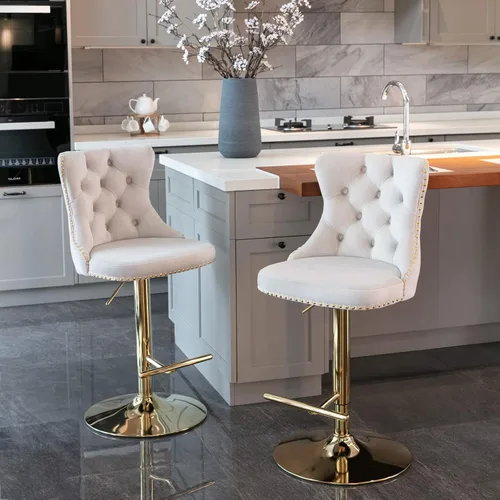 Vista 3 de Taburete de bar giratorio ajustable de altura de mostrador, silla de bar tapizada de terciopelo dorado con base cromada con respaldo acolchonado