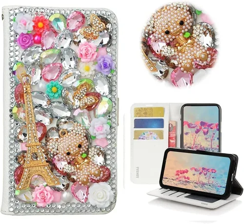 Vista 8 de Bling - Funda tipo cartera para teléfono compatible con Samsung Galaxy Z Fold 3 5G, elegante, hecha a mano, atrapasueños con colgante de perlas