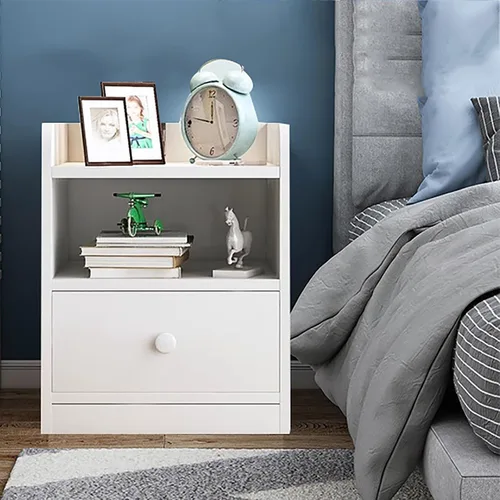 Vista 4 de HM&DX Mesita de noche de madera con cajón de almacenamiento y estante abierto, moderna mesita de noche blanca lateral estrecha, mesita de noche alta