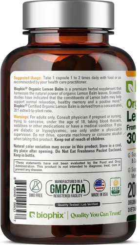 Vista 8 de biophix Cápsulas de bálsamo de limón orgánico de 300 mg USDA orgánico, extracto 20:1, apoya la relajación, calma el estado de ánimo, la memoria
