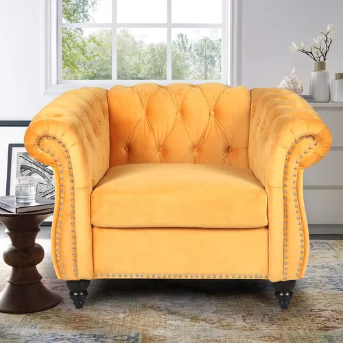 Vista 14 de Sofá moderno de 3 plazas, muebles de sofá grande, con brazo enrollable, sofá Chesterfield clásico copetudo de cuero con respaldo de asiento copetudo