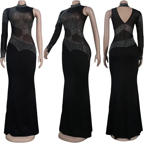 Vista 5 de PORRCEY - Vestido sexy con diamantes de imitación para mujer, vestido de noche para fiesta y club