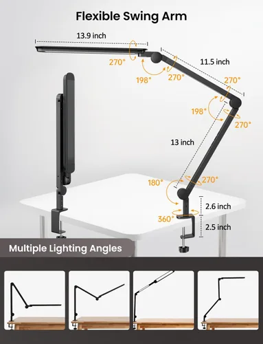 Vista 6 de Lámpara de escritorio LED con abrazadera, luz doble ajustable y control remoto, luz de rompecabezas para mesa sin deslumbramiento, 4 modos