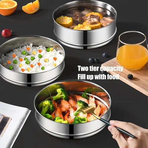 Vista 2 de Olla de cocina de acero inoxidable, olla de vapor con tapa, doble caldera para cocinar, sartén apilable de 2 niveles para cocina