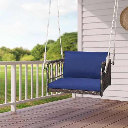 Vista 2 de HAPPYGRILL Silla de columpio para porche, asiento colgante tejido de ratán con cuerdas para colgar, ganchos de cojines, banco colgante de mimbre