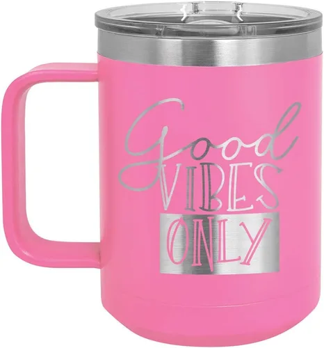 Vista 7 de Good VIBES SOLO Taza de café de 15 oz con tapa superior deslizante Taza de café de viaje aislado Ideas de regalo de cumpleaños o Navidad de Negro