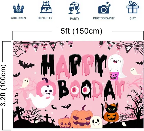 Vista 2 de Decoraciones de fiesta de feliz boo, decoraciones de fiesta de cumpleaños de Halloween rosa y negro, pancarta de fondo de feliz día de abucheo