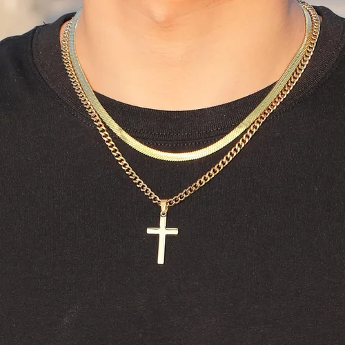 Vista 3 de Collar de cruz para hombres y niños, de acero inoxidable en capas, cadena de espiga cubana, colgante de cruz religiosa, joyería de moda, regalos