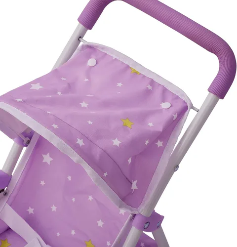 Vista 10 de Olivia's Little World Cochecito de Muñeca Bebé estilo jogging con toldo, cinturón de seguridad y espacio de almacenamiento, morado y blanco
