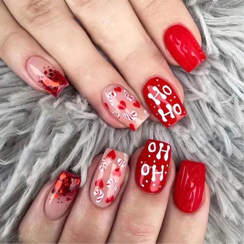 Vista 7 de Uñas postizas a presión para el día de San Valentín, uñas postizas cortas cuadradas con corazón de amor, uñas acrílicas con corazones rojos 01.