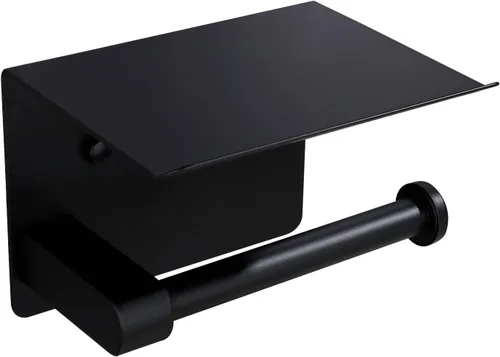 Vista 6 de Soporte de papel higiénico de pared con estante para teléfono, soporte de papel de almacenamiento, dispensador de papel adhesivo negro con estante