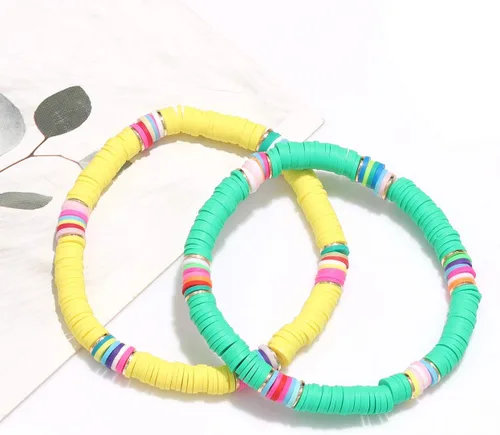 Vista 5 de NVENF Pulseras Heishi de arco iris para mujer, apilables, de vinilo africano, con cuentas, elásticas, bohemias, en capas, para surfistas, accesorios