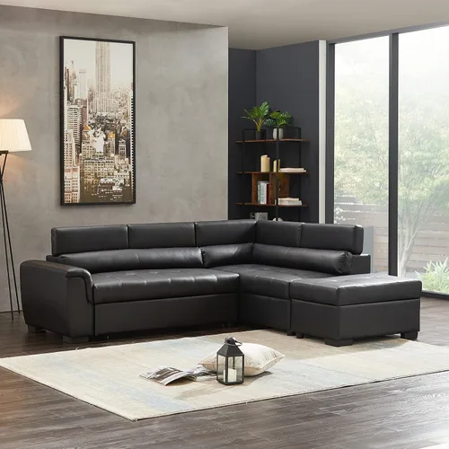 Vista 5 de Sofás seccionales para sala de estar, sofá esquinero de cuero con otomana de almacenamiento, sofá modular convertible con cama extraíble (negro)