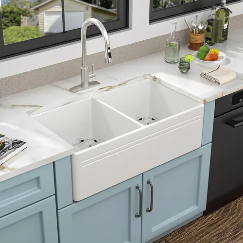 Vista 11 de Fregadero de cocina blanco de 32 x 19 pulgadas, cuenco doble de arcilla refractaria de porcelana de cerámica blanca, doble montaje 50/50, montaje