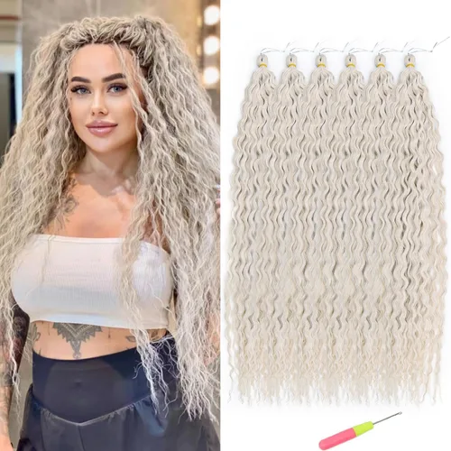Vista 40 de Extensiones de cabello ondulado con ganchillo Ocean Wave de 18 pulgadas, 6 paquetes, extensiones de cabello de ganchillo sueltas de onda profunda #1B
