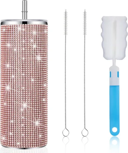 Vista 9 de Tessco Vasos Tumbler con Pedrería Brillante con Pajita Botella de Agua con Purpurina Tumbler de Pajita de Acero Inoxidable Vaso Aislado con Pedrería