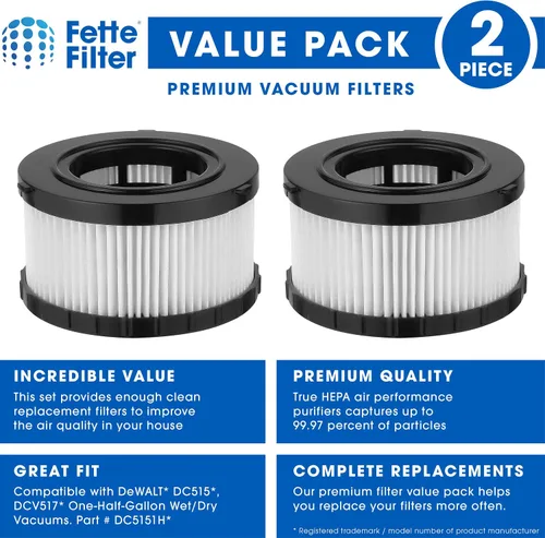 Vista 2 de Fette Filter - Filtro HEPA DC5151H compatible con los modelos de vacío en seco y húmedo DEWALT DC515 DCV517 DCV517B Parte # DC5151H incluye 2