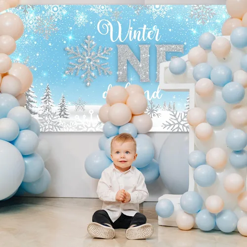 Vista 5 de Fondo de invierno Onederland para fiesta de primer cumpleaños, cartel de invierno para primer cumpleaños, fotografía de primer cumpleaños para bebé