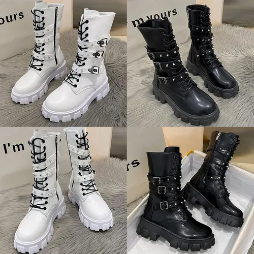 Vista 5 de Botas de media pantorrilla para mujer, ligeras, a la moda, con múltiples hebillas, con cordones, antideslizantes, altura de motocicleta