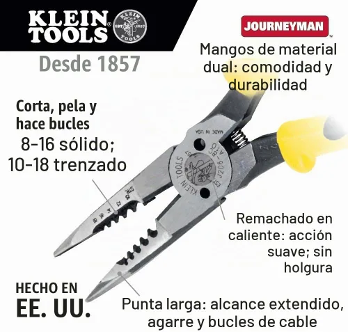 Vista 2 de Klein Tools J206-8C Alicates de punta larga multiuso con resorte, fabricados en Estados Unidos, acero forjado con mangos Journeyman de material dual