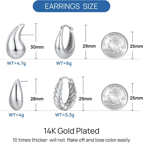 Vista 5 de Supneer Gold Earrings for Women Chunky Gold Hoops Earrings Teardrop Gold Jewelry 14k Gold Plated Earrings Lightweight Hypoallergenic Girls Gift