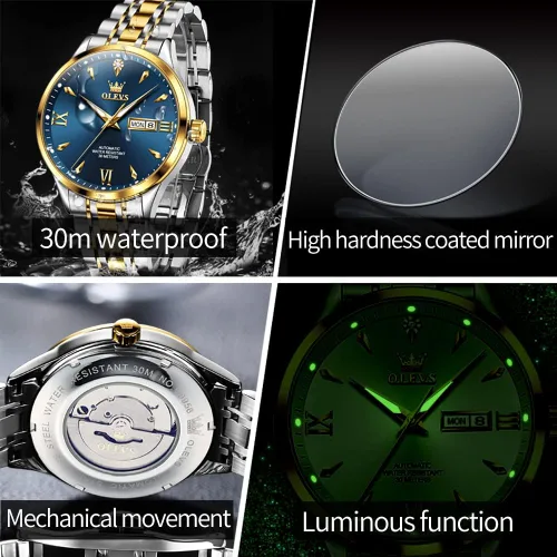 Vista 6 de OLEVS Relojes automáticos para hombre, calendario mecánico, impermeable, de acero inoxidable, luminoso, de cuerda automática, reloj de pulsera