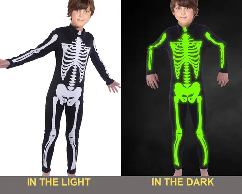 Vista 5 de ALUWU Disfraz de esqueleto de Halloween para niños y niñas, estampado 3D, overol genial para niños, cosplay que brilla en la oscuridad, talla 7 a 8