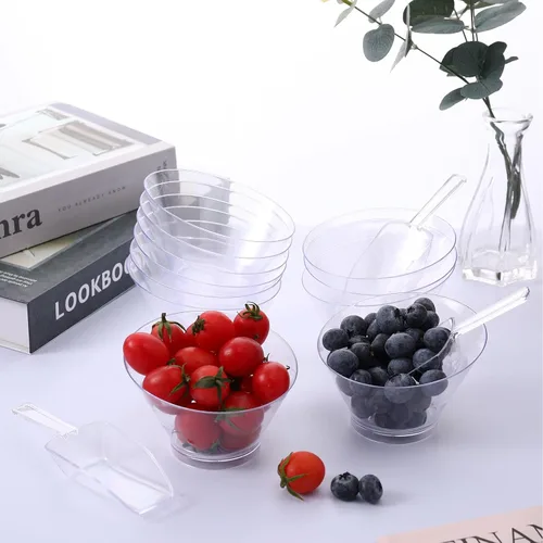 Vista 4 de Sawysine 12 Piezas de Cuencos de Plástico Transparentes para Servir con Cucharadas de Plástico de Cocina, Cuencos para Ensalada, Cuencos