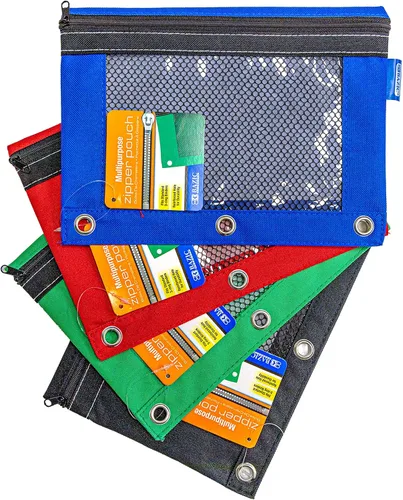 Vista 5 de Bolsa de lápiz de 3 anillos Bazic con ventana de malla., Rojo/Azul/Negro 1 Unidad