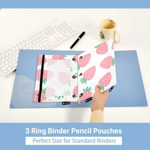 Vista 5 de Estuche para lápices de fresas rosas para carpetas de 3 anillas, estuche para lápices, bolsa de maquillaje con ventana transparente para almacenar