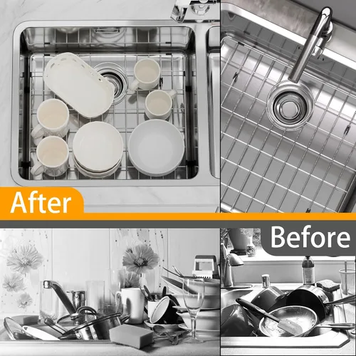 Vista 7 de Protectores de fregadero, Rejilla inferior del fregadero de la cocina Acero inoxidable, Rejilla de fregadero Agujero de drenaje trasero