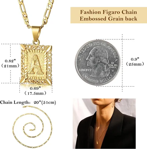 Vista 5 de KissYan Collar Figaro con dije y letra inicial para hombres y mujeres collar chapado en oro de 18 quilates con dije de monograma cuadrado letras