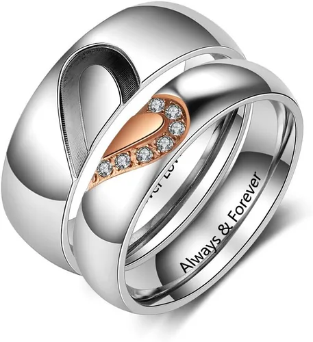 Vista 17 de OPALSTOCK - Juego de anillos de compromiso personalizados para parejas con corazón a juego para él y para ella multicolor/fantasía (Adjustable)