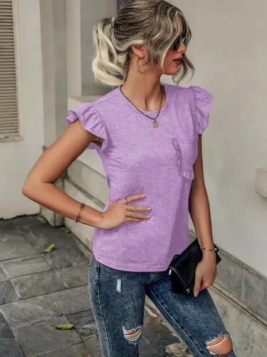 Vista 3 de Verdusa Camiseta de manga casquillo con ribete de volantes y bolsillo frontal para mujer
