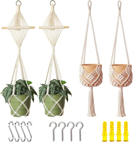 Vista 12 de Maceta Colgante con Patrones, Juego de 4 Colgadores de Macramé para Plantas de Interior, para Macetas de hasta 8 Pulgadas, Soporte de Ganchillo Boho