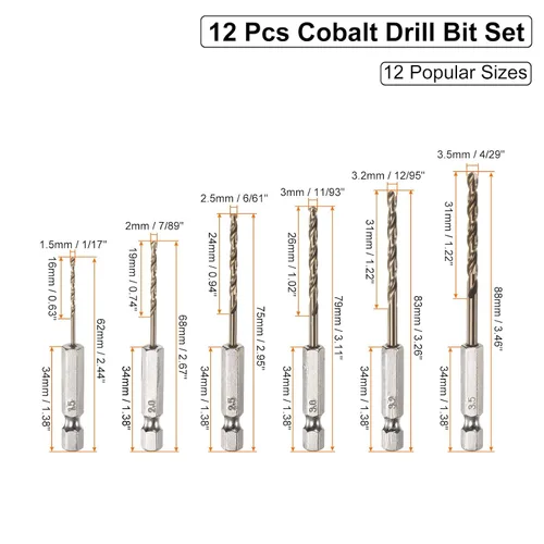 Vista 2 de uxcell Juego de 12 brocas de cobalto, 12 tamaños de 1/9"-1/4" de diámetro de perforación M35, brocas hexagonales para acero, aluminio, cobre, acero