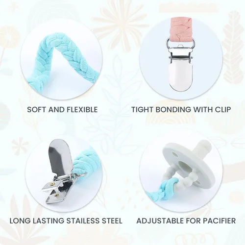 Vista 2 de Clips para chupete para bebé, niño y niña, hecho a mano, trenzado, para chupetes, correa de algodón, clips para chupetes de bebé, clips de algodón