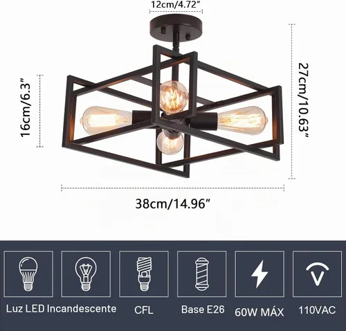 Vista 2 de Lámpara de techo semiempotrada de metal, lámpara de techo industrial negra de 4 luces, estilo rústico, vintage, para cocina, isla, pasillo, comedor