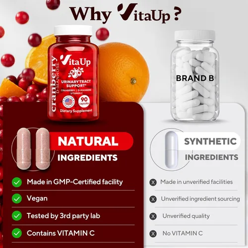 Vista 6 de VitaUp D-manosa con arándano y vitamina C - Cápsulas de D-manosa 1000 mg fabricadas en EE. UU. - Pastillas de arándano para el tracto urinario