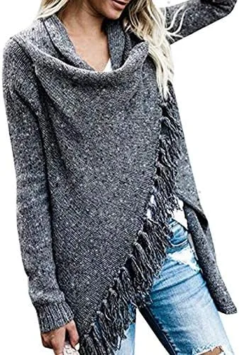 Vista 3 de CEASIKERY Women's Tassel Hem Sweater Long Cardigan Knitwer Pullover Poncho Coat