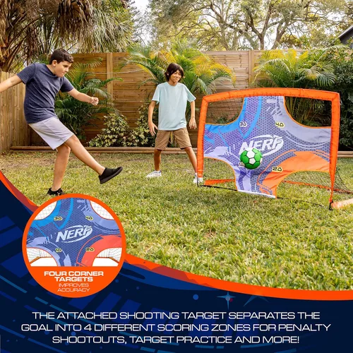 Vista 4 de NERF Mini portería de fútbol para niños + objetivo de tiro, portería de fútbol portátil desplegable Proshot con objetivo integrado, portería 2 en 1