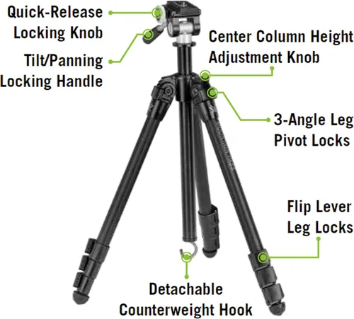Vista 5 de Vortex Optics Mountain Pass - Kit de trípode - Cabezal panorámico de 2 vías, carga máxima de 22 lb, montaje de cabezal Arca-Swiss - Garantía